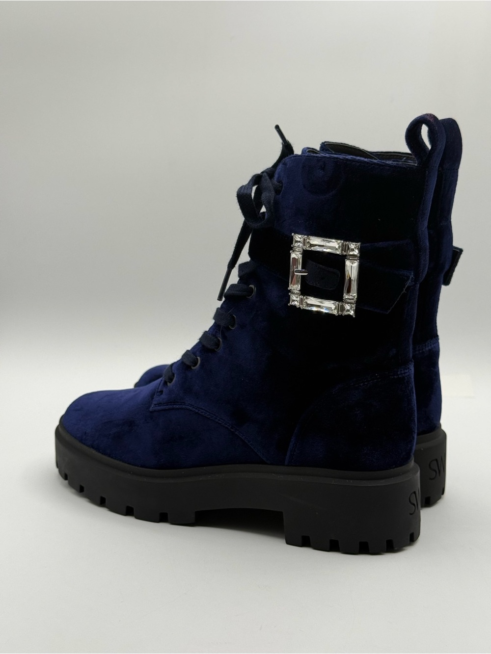Stuart Weitzman June Velvet Combat Boots Navy Blue Chunky Lug Sole Buckle - Picture 12 of 17